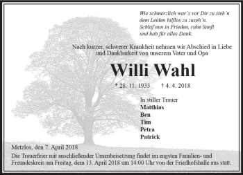 Traueranzeige von Willi Wahl von VRM Trauer