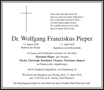 Traueranzeige von Wolfgang Franziskus Pieper von Trauerportal Rhein Main Presse
