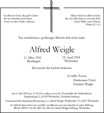 Traueranzeige von Alfred Weigle von Trauerportal Rhein Main Presse