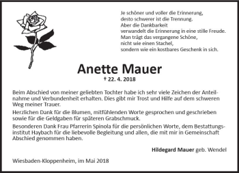 Traueranzeige von Anette Mauer von Trauerportal Rhein Main Presse