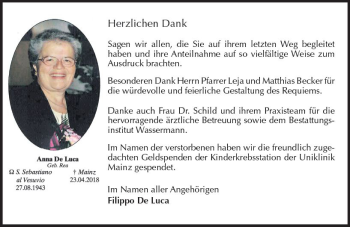 Traueranzeige von Anna  De Luca von Trauerportal Rhein Main Presse