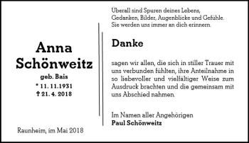Traueranzeige von Anna Schönweitz von Trauerportal Rhein Main Presse