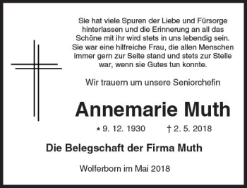 Traueranzeige von Annemarie Muth von  Kreisanzeiger