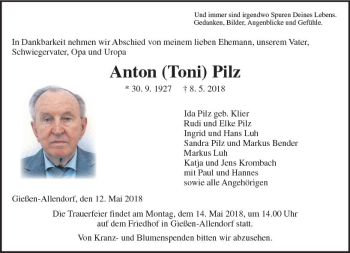 Traueranzeige von Anton Pilz von  Gießener Anzeiger