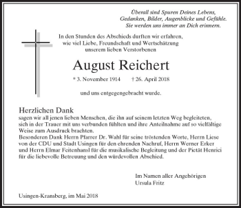 Traueranzeige von August Reichert von  Usinger Anzeiger