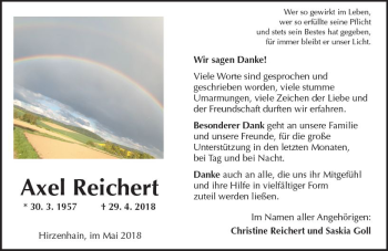 Traueranzeige von Axel Reichert von  Kreisanzeiger