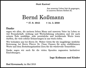 Traueranzeige von Bernd Koßmann von Trauerportal Rhein Main Presse