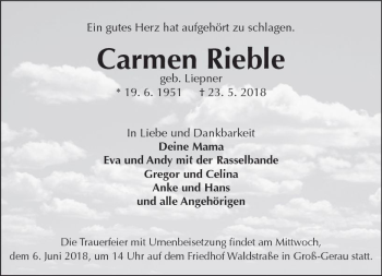 Traueranzeige von Carmen Rieble von Trauerportal Rhein Main Presse