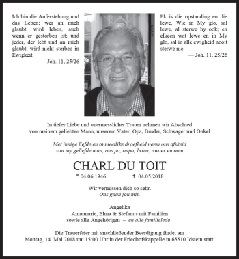 Traueranzeige von Charl Du Toit von Trauerportal Rhein Main Presse