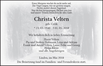 Traueranzeige von Christa Velten von  Gießener Anzeiger