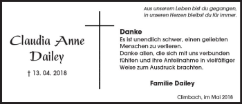 Traueranzeige von Claudia Anne Dailey von  Gießener Anzeiger