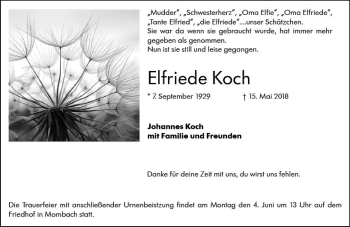 Traueranzeige von Elfriede Koch von Trauerportal Rhein Main Presse