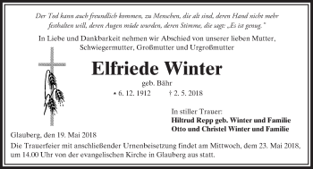 Traueranzeige von Elfriede Winter von  Kreisanzeiger