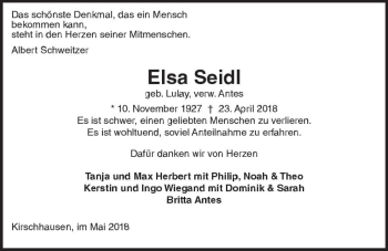 Traueranzeige von Elsa Seidl von Trauerportal Rhein Main Presse