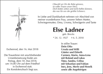 Traueranzeige von Else Ladner von  Kreisanzeiger