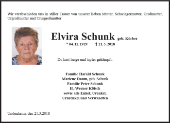 Traueranzeige von Elvira Schunk von Trauerportal Rhein Main Presse