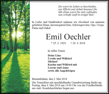 Traueranzeige von Emil Oechler von VRM Trauer