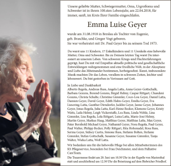 Traueranzeige von Emma Luise Geyer von Trauerportal Rhein Main Presse