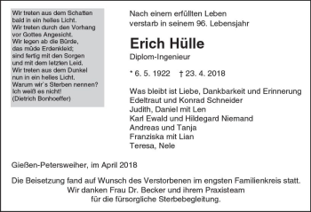 Traueranzeige von Erich Hülle von  Gießener Anzeiger