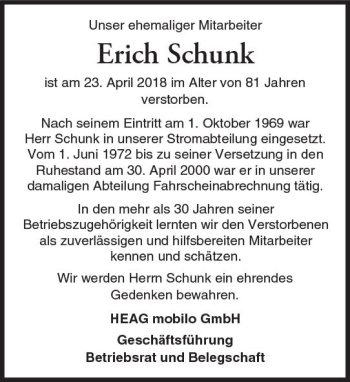 Traueranzeige von Erich Schunk von Trauerportal Rhein Main Presse