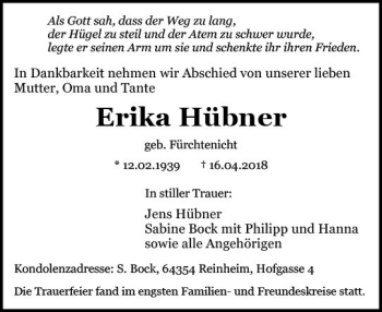 Traueranzeige von Erika Hübner von Trauerportal Rhein Main Presse