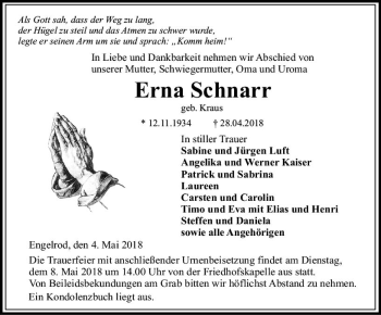 Traueranzeige von Erna Schnarr von VRM Trauer