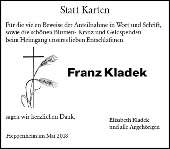 Traueranzeige von Franz Kladek von Trauerportal Rhein Main Presse
