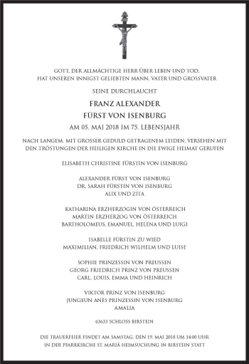 Traueranzeige von Franz Alexander Fürst von Isenburg von  Kreisanzeiger