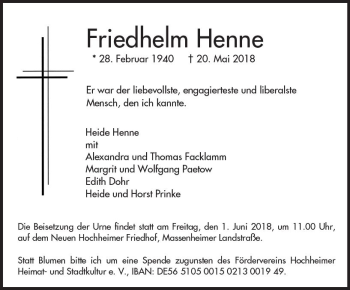 Traueranzeige von Friedhelm Henne von Trauerportal Rhein Main Presse