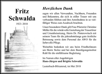 Traueranzeige von Fritz Schwalda von VRM Trauer