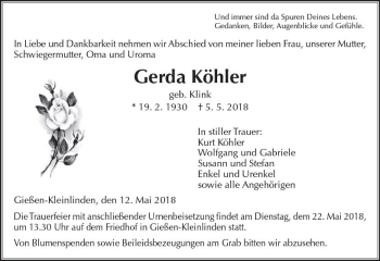 Traueranzeige von Gerda Köhler von  Gießener Anzeiger