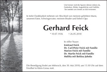 Traueranzeige von Gerhard Feick von Trauerportal Rhein Main Presse