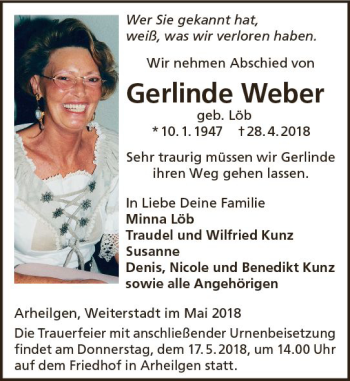 Traueranzeige von Gerlinde Weber von Trauerportal Rhein Main Presse
