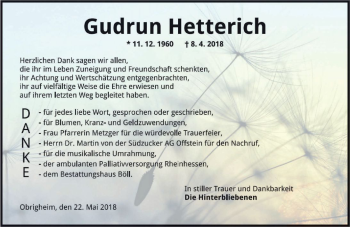 Traueranzeige von Gudrun Hetterich von Trauerportal Rhein Main Presse