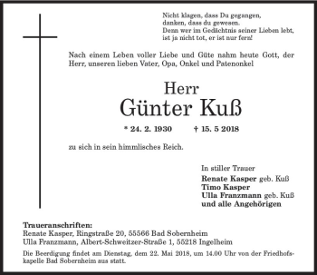 Traueranzeige von Günter Kuß von Trauerportal Rhein Main Presse