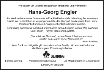 Traueranzeige von Hans-Georg Engler von Trauerportal Rhein Main Presse