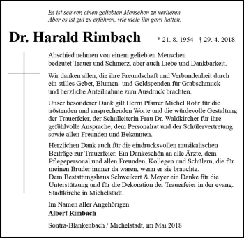 Traueranzeige von Harald Rimbach von Trauerportal Rhein Main Presse