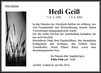 Traueranzeige von Hedi Geiß von VRM Trauer