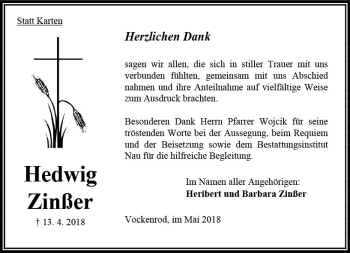 Traueranzeige von Hedwig Zinßer von VRM Trauer