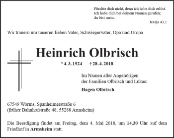 Traueranzeige von Heinrich Olbrisch von Trauerportal Rhein Main Presse