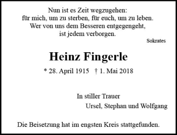 Traueranzeige von Heinz Fingerle von Trauerportal Rhein Main Presse