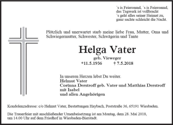 Traueranzeige von Helga Vater von Trauerportal Rhein Main Presse