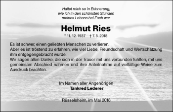Traueranzeige von Helmut Ries von Trauerportal Rhein Main Presse