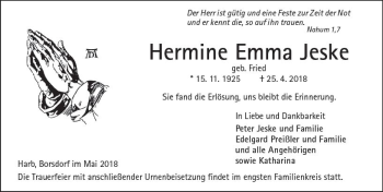 Traueranzeige von Hermine Emma Jeske von  Kreisanzeiger