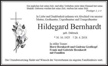 Traueranzeige von Hildegard Bernhardt von VRM Trauer