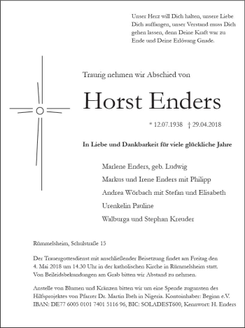Traueranzeige von Horst Enders von Trauerportal Rhein Main Presse