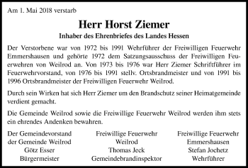 Traueranzeige von Horst Ziemer von  Usinger Anzeiger