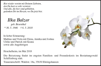 Traueranzeige von Ilka Balzer von  Gießener Anzeiger