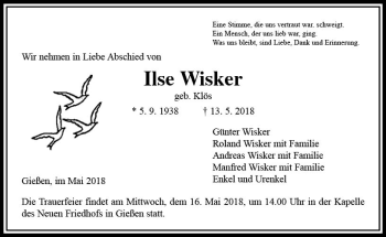 Traueranzeige von Ilse Wisker von  Gießener Anzeiger