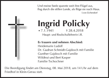 Traueranzeige von Ingrid Policky von Trauerportal Rhein Main Presse